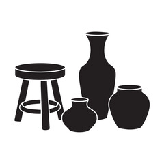 Wooden Stools Vases and Ceramic Pots Silhouette for Home Decor