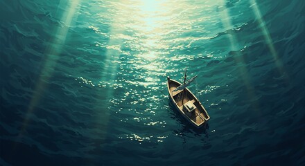 Solitary wooden rowboat drifts peacefully on a vast deep blue ocean with dramatic sunbeams piercing the water s surface from above