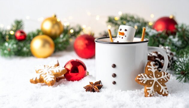 Snowman marshmallow in mug with gingerbread and ornaments on snowy festive background