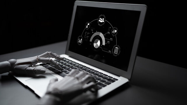 An AI assistant presents a project management dashboard with real-time data analysis. This smart business intelligence system visualizes workflow metrics and team performance. Fermion