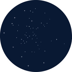 Fototapeta premium Minimalist graphic illustration of a star cluster in the dark night sky, viewed through a circular frame.