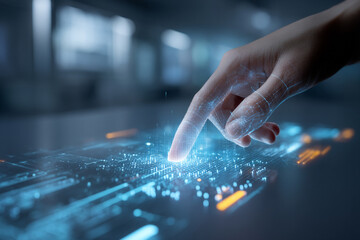 A human hand touching a holographic interface displaying complex data patterns in a sleek, futuristic workspace, symbolizing interaction.