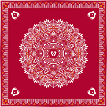 Aipan art showcases the traditional Uttarakhand craft through intricate white paste patterns against a red background. Digital Floral mandala patterns.
