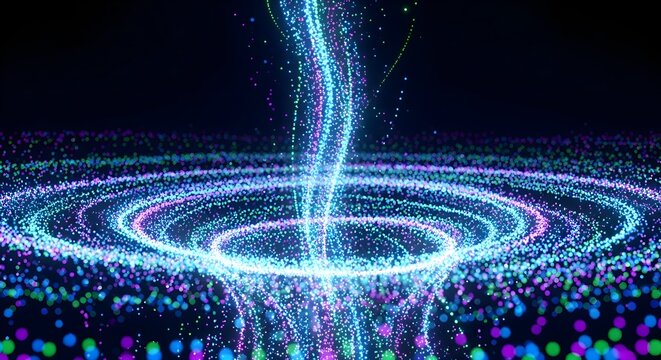 Abstract digital vortex effect with glowing particles, cosmic energy flow, and cyberspace visuals