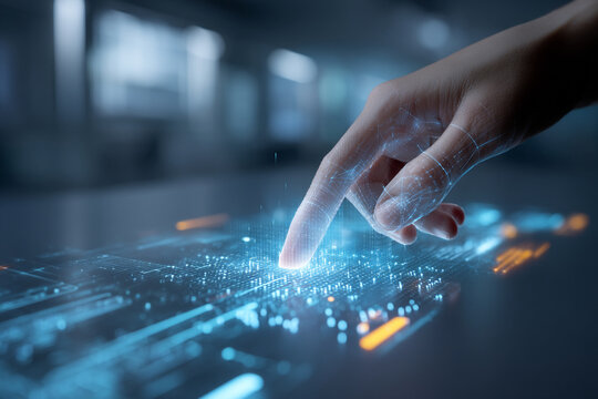 A human hand touching a holographic interface displaying complex data patterns in a sleek, futuristic workspace, symbolizing interaction.