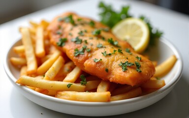 Golden fish and chips with lemon and parsley. High quality