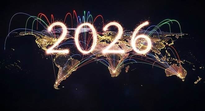 Year 2026 displayed over illuminated world map connected by network