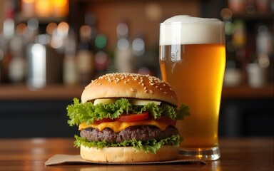 Hamburger and light beer on a pub background. High quality