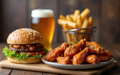 Tasty pub grub and refreshing drinks on a modern sports bar menu, featuring juicy burgers, crispy wings, and ice-cold beer against a rustic wooden backdrop. High quality