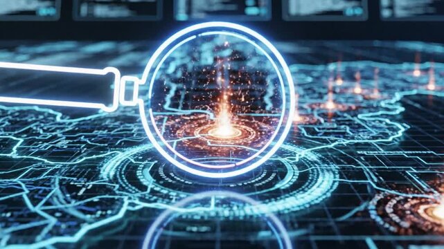 Futuristic Digital Search & Data Analysis. Magnifying glass over global network map with glowing key point.
