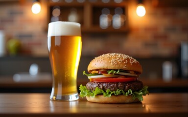 Hamburger and light beer on a pub background. High quality