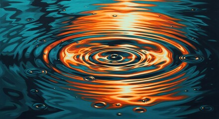 Close up abstract view of concentric ripples on dark water surface with vibrant orange and teal reflections creating a mesmerizing pattern
