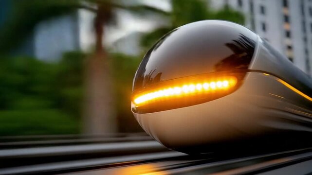 High-Speed Journey: A modern, streamlined train glides gracefully along the tracks, its sleek design and vibrant lights embodying speed and efficiency in urban transport.