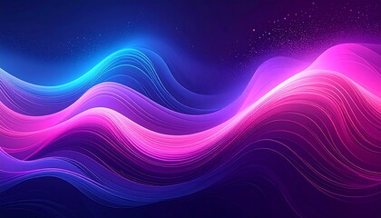 Abstract fluid waves in neon colors (blue, purple, pink) against a dark background, with subtle glitter effects