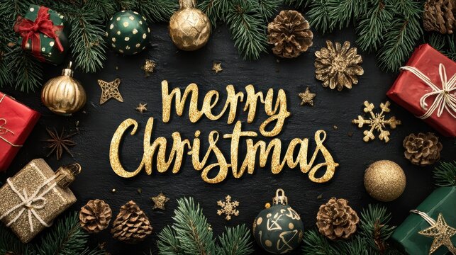 merry christmas and happy new year greetings with festive holiday decorations