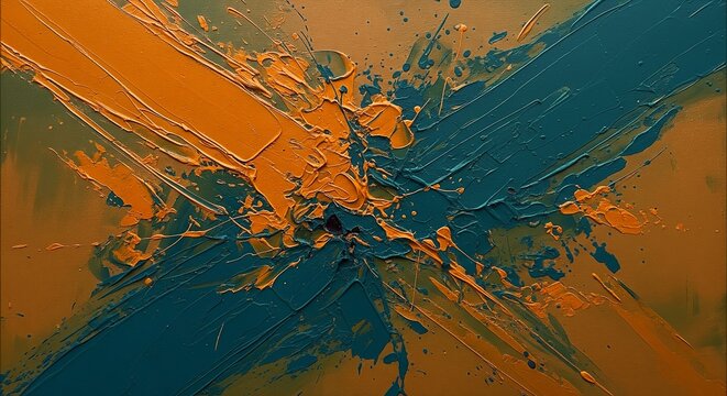 Abstract expressionist painting with bold textured brushstrokes of vibrant orange and deep teal clashing in a dynamic energetic explosion of color