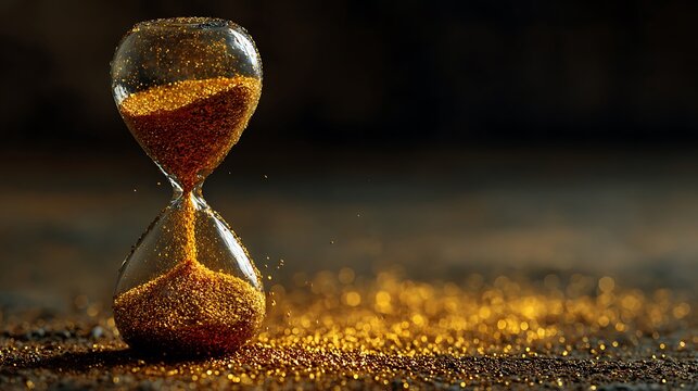 Golden hourglass with glitter sand flowing, symbolizing time, deadlines, and the fleeting nature of moments, set against a dark and moody background