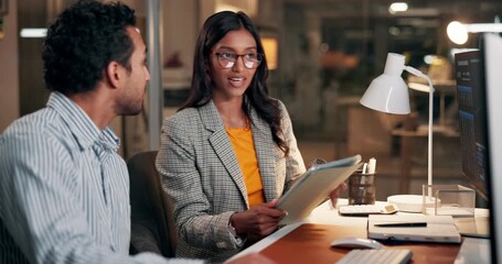 Tablet, team and business people with discussion for trading, finance or data at night. Technology, planning or traders in office for investment meeting, stock market graphs or analysis on overtime - Powered by Adobe