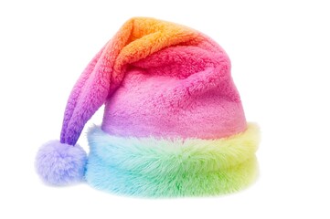 Fluffy rainbow santa hat with white background