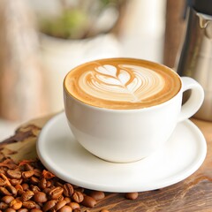 Latte art coffee in white cup with bean