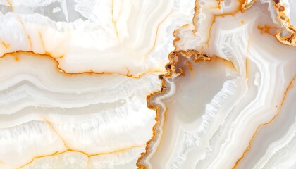 Abstract close-up of a polished stone with creamy white and orange-brown veins and wavy patterns