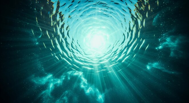 Underwater abstract tunnel of light with sunbeams piercing through rippling turquoise water creating a surreal ethereal glow