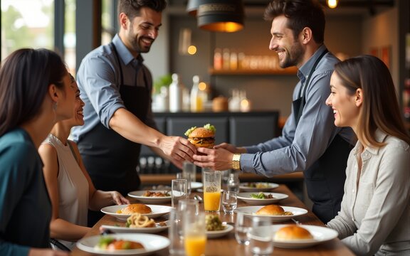 Waiter serving burger to a group of friends having lunch at a restaurant - food service concepts. High quality