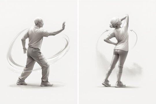 Dynamic motion exercises enhancing senior fitness and mobility with graceful movements promoting healthy aging and physical well being in a serene minimalist environment
