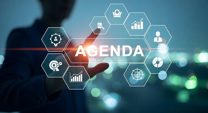 Business agenda visualization with person touching digital interface and icons