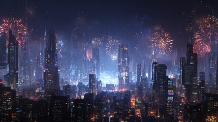 futuristic digital cityscape lit up for new year 2025 celebration fireworks in the sky 3d illustration