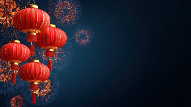 red chinese lanterns and fireworks on dark blue background traditional asian new year celebration festive oriental holiday decorations with copy space