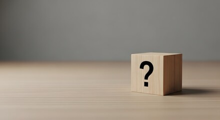 Wooden block with question mark symbol on tabletop for concept of uncertainty