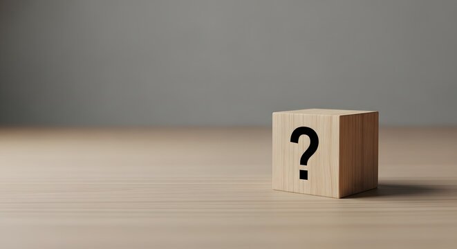 Wooden block with question mark symbol on tabletop for concept of uncertainty