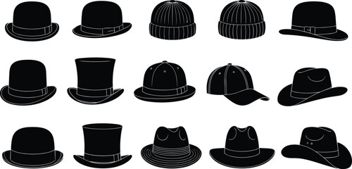 Hat silhouette icons, bowler, top, fedora, cowboy, baseball, knit styles, fashion headwear, flat vector, cad drawing flat vector illustration