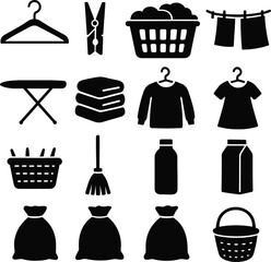 Laundry and cleaning icons, hanger, basket, detergent, broom, clothesline, household tools, flat vector, cad drawing flat vector illustration