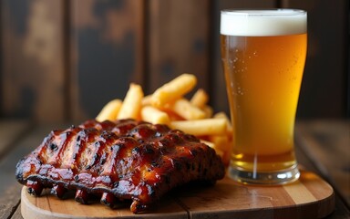 Glass of beer and grilled pork spare ribs with fry, tasty snack to beer. Beer and food concept. Ale and meat. High quality