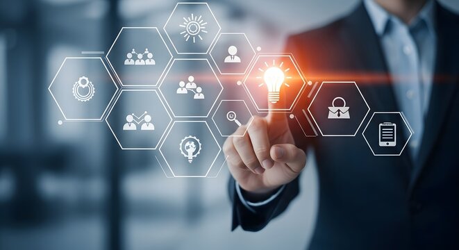 Businessman interacting with futuristic data security and technology interface