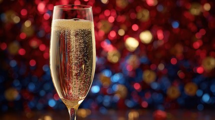 champagne glass filled with sparkling wine and rising bubbles set against a festive background of shimmering red gold and blue bokeh lights celebrating holidays and special occasions