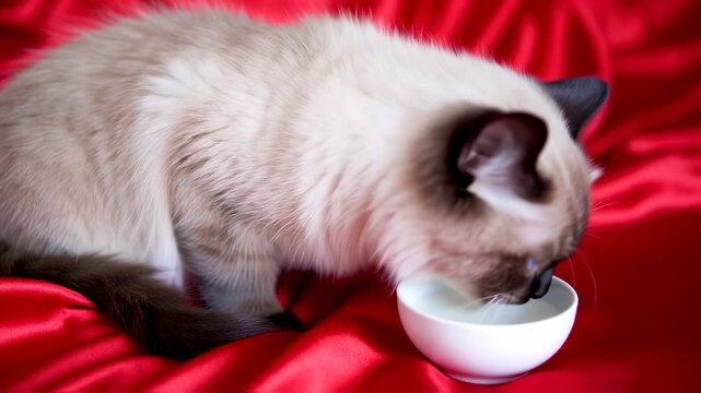 Adorable Birman kitten gazing at a bowl of milk on vibrant red silky fabric backdrop