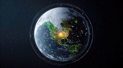 A view of Earth from space at night, showing illuminated cities and a digital overlay with lines and dots.