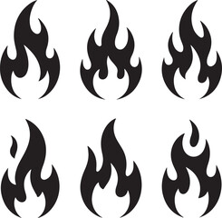 Black Silhouette Vector Flames with Abstract Fire Shapes Solid Black on White Background