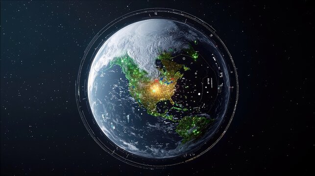 A view of Earth from space at night, showing illuminated cities and a digital overlay with lines and dots. - Powered by Adobe