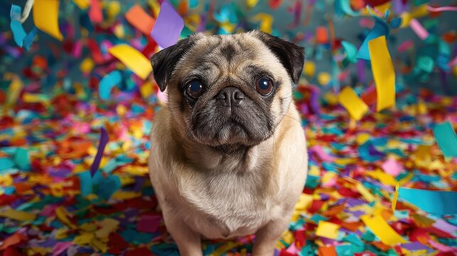 attentive pug dog sitting amid colorful confetti at a birthday party with copy space celebrating a festive occasion fun pet photography for advertising and promotional concepts - Powered by Adobe