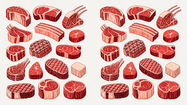A detailed illustration of various cuts of beef arranged symmetrically on a white background.