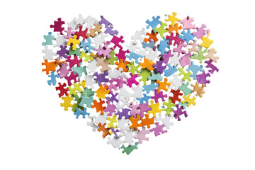 Heart shape made of colorful puzzle pieces isolated on transparent background. Colorful heart shape formed by jigsaw puzzle pieces isolated on white background.