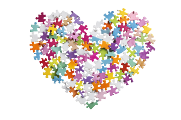 Heart shape made of colorful puzzle pieces isolated on transparent background. Colorful heart shape formed by jigsaw puzzle pieces isolated on white background.