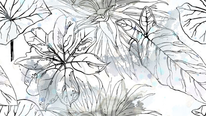 Black and white tropical seamless pattern under gentle watercolor blobs and stains