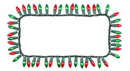 Rectangular frame made of bright red and green christmas light bulbs on a string, isolated on transparent background for holiday decoration design element