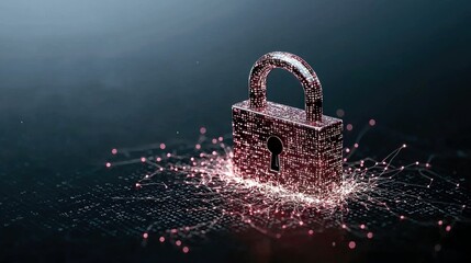 A metallic padlock, illuminated by glowing red and white lights, sits on a dark, textured surface with radiating network lines and nodes.