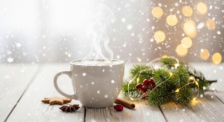 Cozy Winter Scene - Hot Drink, Christmas Decor, and Falling Snow.